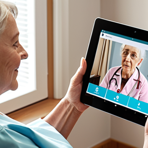 **Prompt 1: Virtual Care and Technological Leaps**
    A compassionate nurse conducts a virtual telemedicine consultation via a tablet, demonstrating remote patient monitoring. The image captures both the nurse in a professional, modern setting and an elderly patient comfortably in their home, highlighting the seamless blend of technology and human connection in remote care. Soft, natural lighting, emphasizing empathy and accessibility.